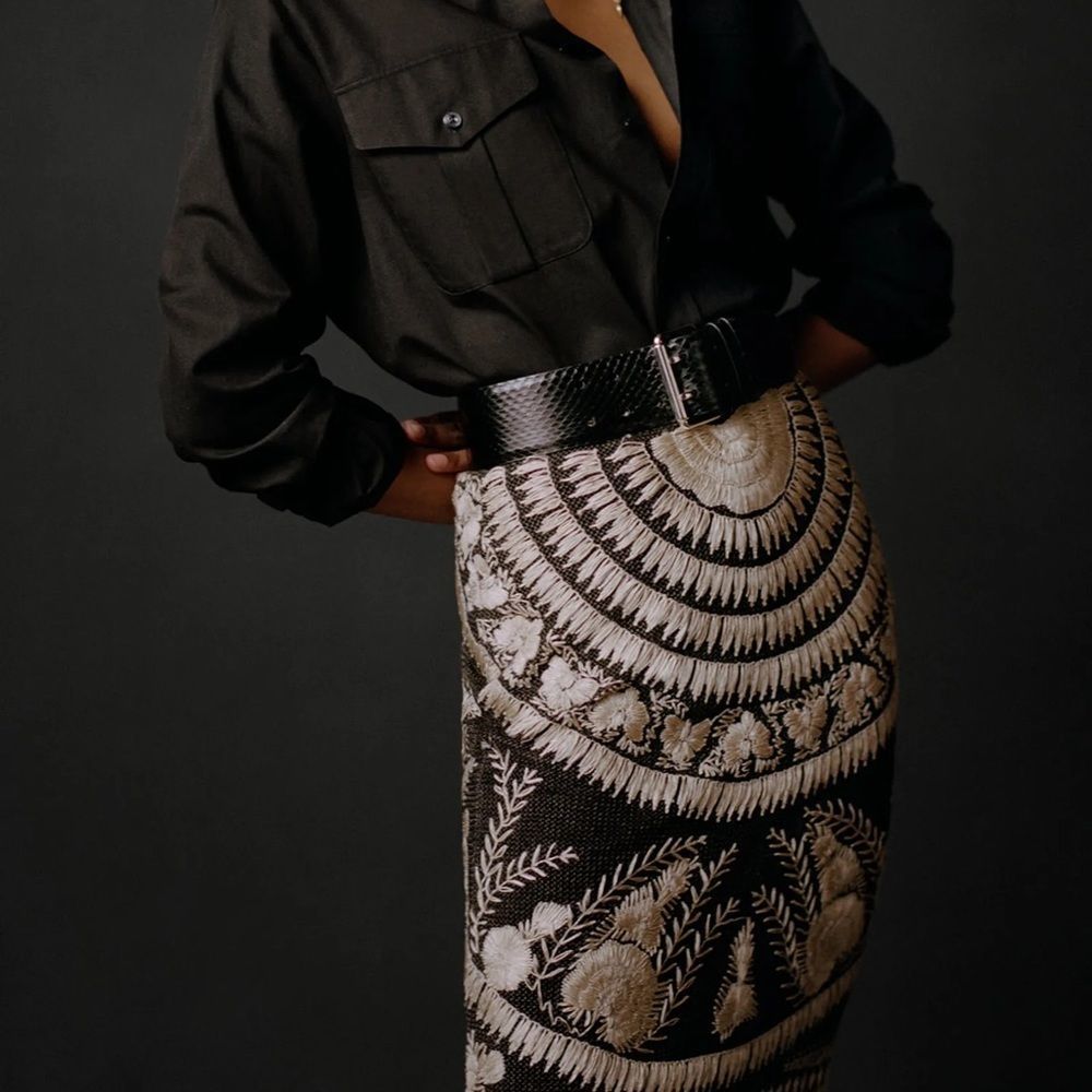 Ralph Lauren Pre-Fall ‘21 Collection Two-Tone Mulberry Silk Raffia Pencil Skirt